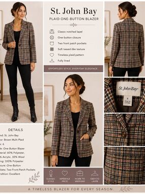 St. John's Bay Brown Multi Plaid Notched Lapel Blazer